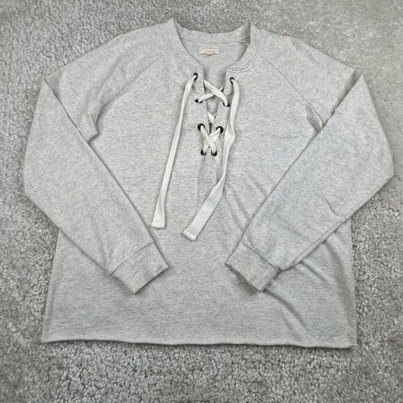 Lucky Brand Vintage Lace Up Pullover Sweatshirt Light Gray Beige - Picture 2 of 7